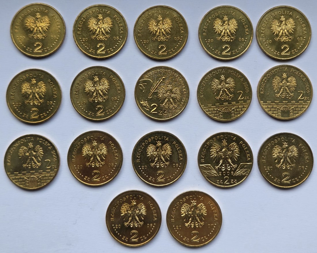 Polen: Lot aus 17 verschiedenen 2-Zloty-Gedenkmünzen 2005-2007   