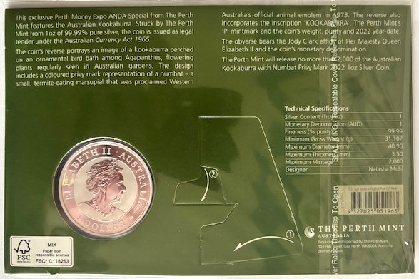  AUSTRALIEN - 1oz Kookaburra 2022 - Perth Money Expo - Privy * NUMBAT * coloriert im Blister   
