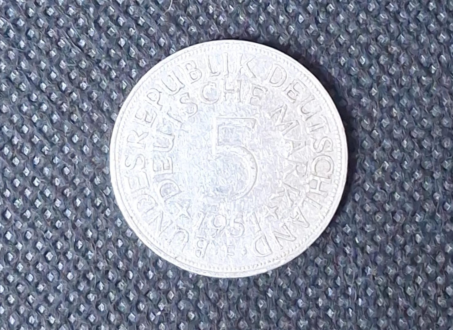  BRD Silber Kursmünze: 5 DM 1951 F, Feingewicht 7,0 Gramm Silber   