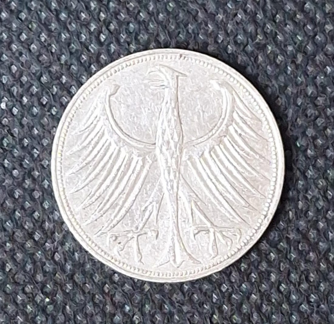  BRD Silber Kursmünze: 5 DM 1951 F, Feingewicht 7,0 Gramm Silber   