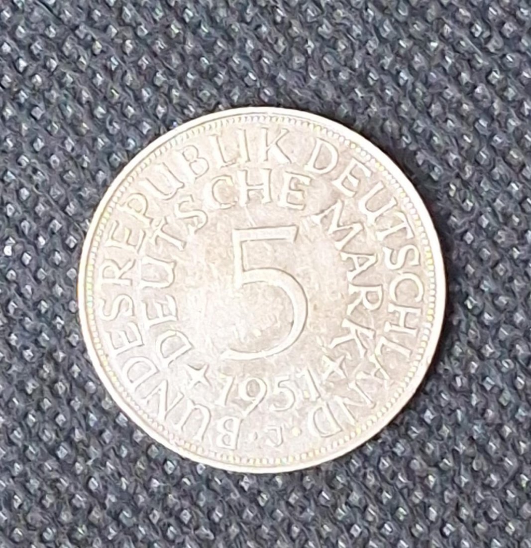  BRD Silber Kursmünze: 5 DM 1951 J, Feingewicht 7,0 Gramm Silber   