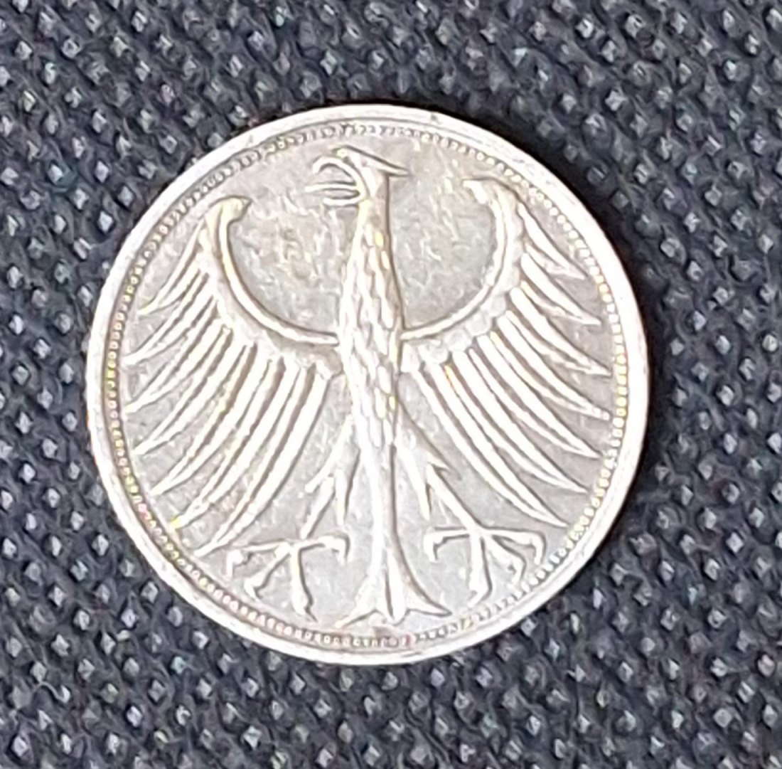  BRD Silber Kursmünze: 5 DM 1951 J, Feingewicht 7,0 Gramm Silber   