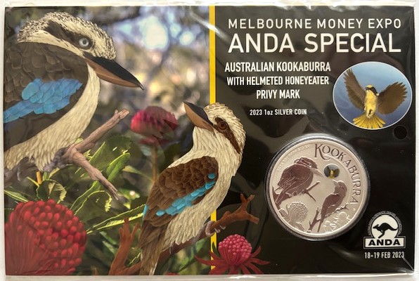  AUSTRALIEN - 1oz Kookaburra 2023 - Melbourne Money Expo - Privy * HONEYEATER * coloriert im Blister   