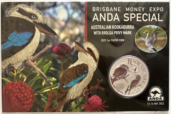  AUSTRALIEN - 1oz Kookaburra 2023 - Brisbane Money Expo - Privy * BROLGA * coloriert im Blister   