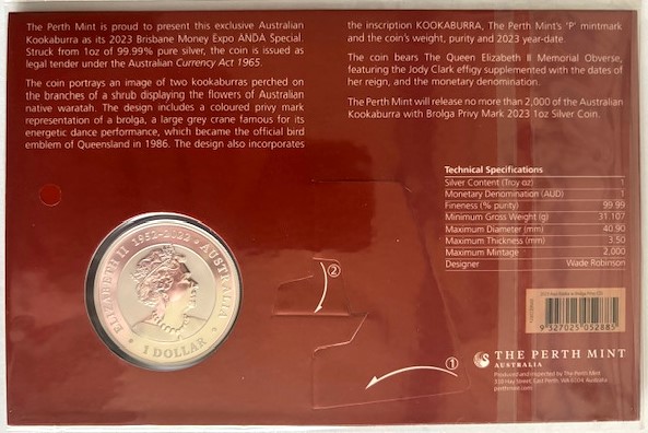  AUSTRALIEN - 1oz Kookaburra 2023 - Brisbane Money Expo - Privy * BROLGA * coloriert im Blister   