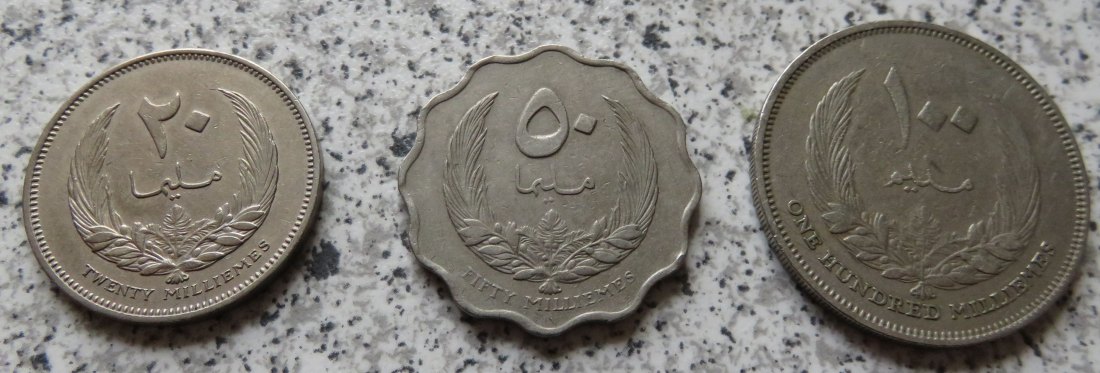  Libyen 20, 50 und 100 Milliemes 1965   