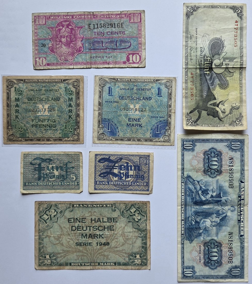 Alliierte Besatzung/Bank deutscher Länder: Lot aus acht verschiedenen Banknoten   
