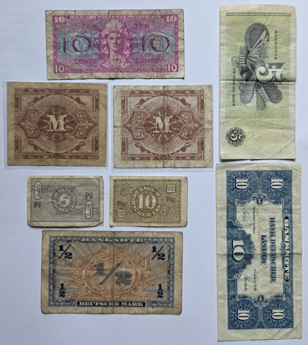  Alliierte Besatzung/Bank deutscher Länder: Lot aus acht verschiedenen Banknoten   