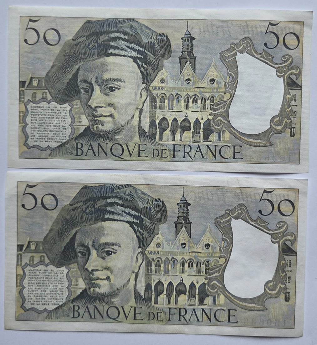  Frankreich: 2 x 50 Francs 1984, kassenfrisch mit fortlaufender Seriennummer   