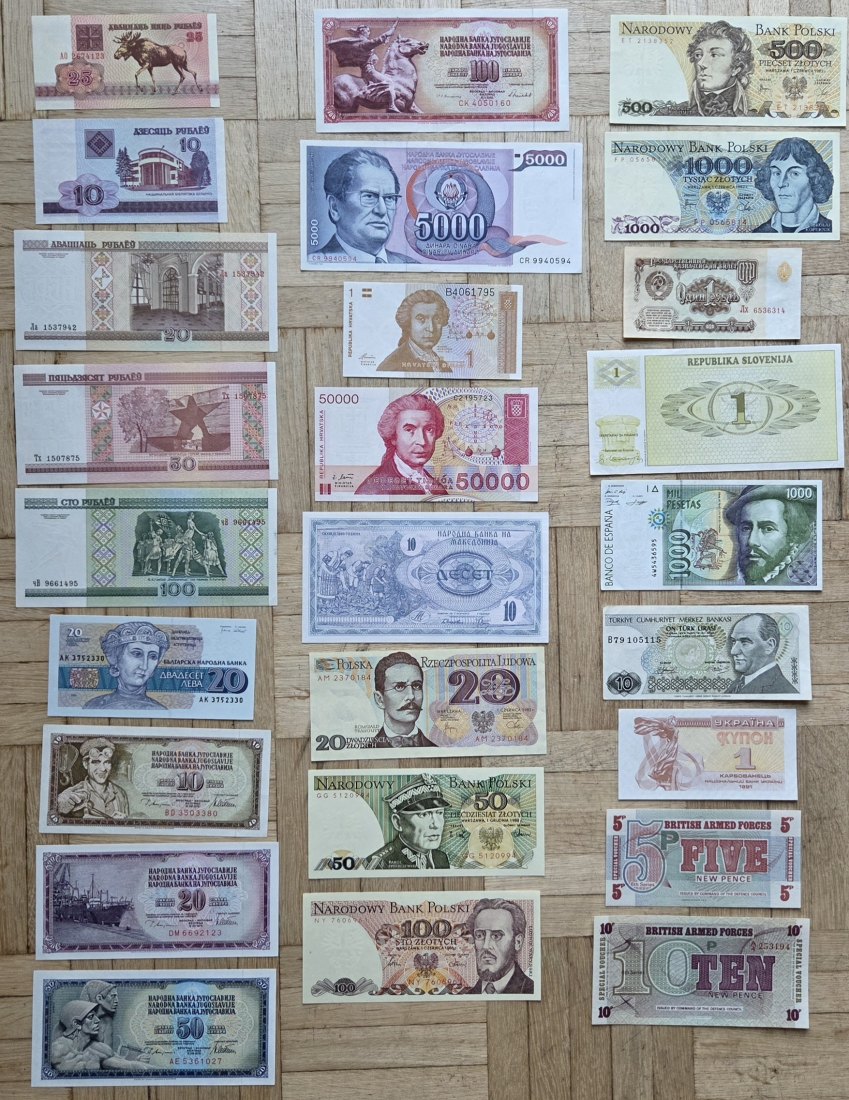  Europa: Lot aus 26 verschiedenen Banknoten, alle kassenfrisch   