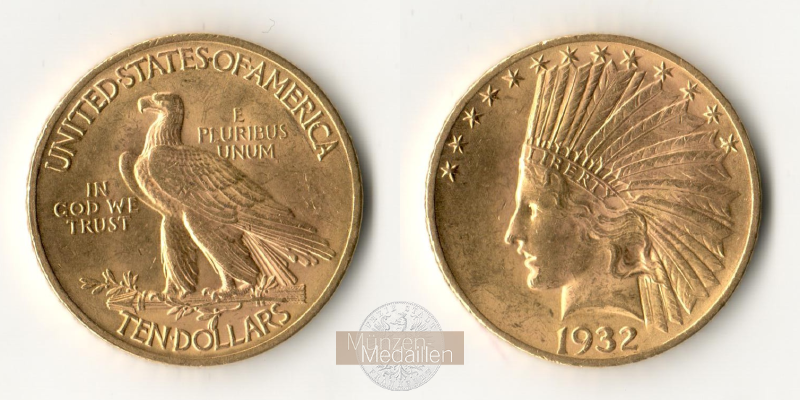  USA 10 Dollars (Eagle - Indian Head) 1932 MM-Frankfurt KM#130 Feingold: 15,05g   