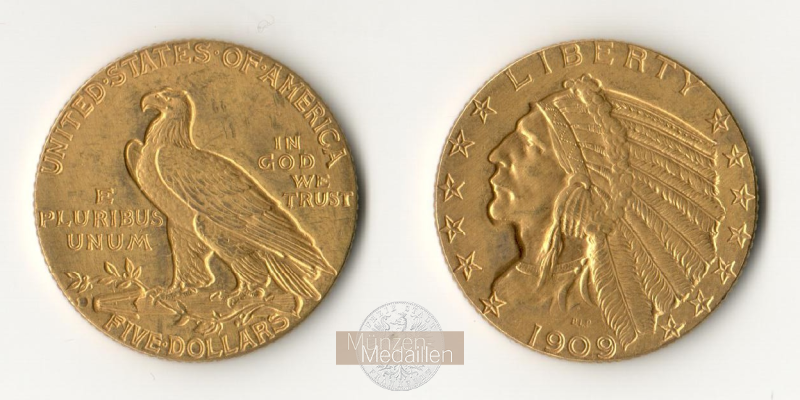 USA  5 Dollar MM-Frankfurt   Feingold: 7,52g Half Eagle - Indian Head 1909 D 