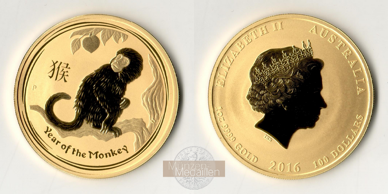 Australien MM-Frankfurt Feingewicht: 31,10g 100 Dollar Affe 2016 