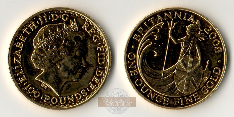 Grossbritannien, Elisabeth II. 1952-2022 MM-Frankfurt Feingewicht: 31,1g Gold 100 Pfund (Britannia) 2008 