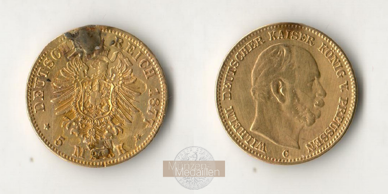 Deutsches Kaiserreich. Preussen, MM-Frankfurt.  Feingold: 1,79g Wilhelm I. 5 Mark 1877 C 