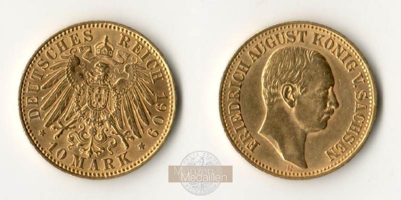Deutsches Kaiserreich. Sachsen MM-Frankfurt Feingold: 3,58g Friedrich August 1904-1918. 10 Mark 1909 E 