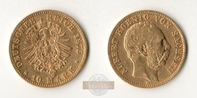 Deutsches Kaiserreich. Sachsen, MM-Frankfurt Feingewicht: 3,58g ALbert 1873-1902.  10 Mark 1875 E 