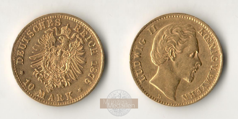 Deutsches Kaiserreich. Bayern, MM-Frankfurt Feingold: 3,58g Ludwig II. 1864-1886.  10 Mark 1876 D 