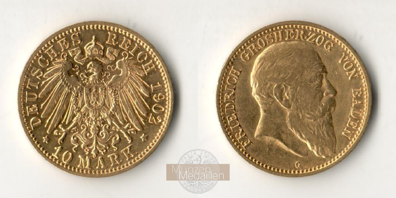 Deutsches Kaiserreich. Baden, MM-Frankfurt Feingold: 3,58g Friedrich I. 1852-1907. 10 Mark 1902 G 