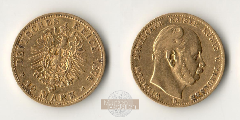 Deutsches Kaiserreich. Preussen, MM-Frankfurt Feingold: 3,58g Wilhelm I. 1861-1888. 10 Mark 1874 B 