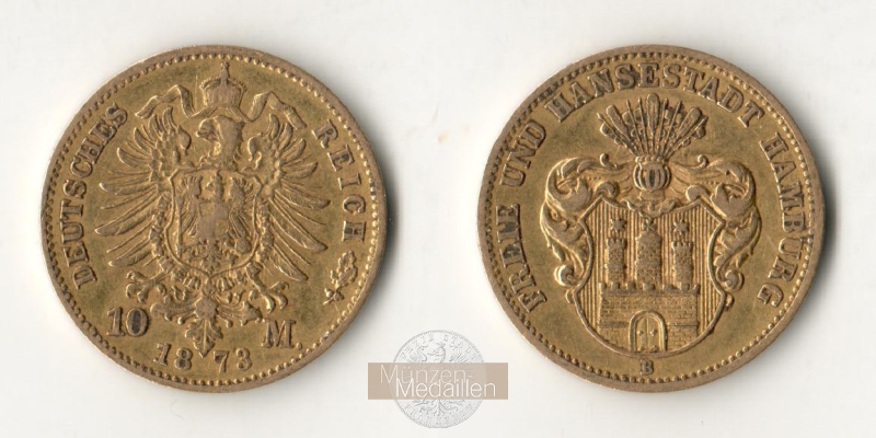 Deutsches Kaiserreich. Hamburg MM-Frankfurt Feingold: 3,58g SELTEN! 10 Mark 1873 B 