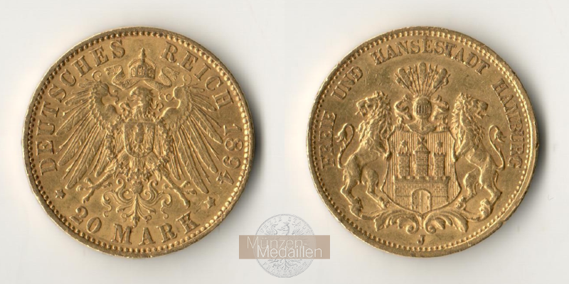 Deutsches Kaiserreich. Hamburg MM-Frankfurt Feingold: 7,17g 20 Mark 1894 J 