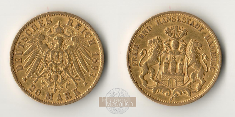 Deutsches Kaiserreich. Hamburg MM-Frankfurt Feingold: 7,17g 20 Mark 1893 J 