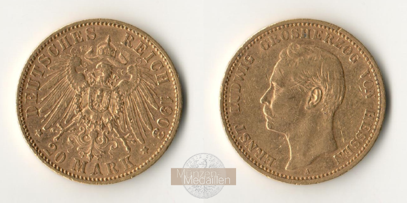 Deutsches Kaiserreich. Hessen, MM-Frankfurt Feingold: 7,17g Ernst Ludwig. 20 Mark 1903 A 