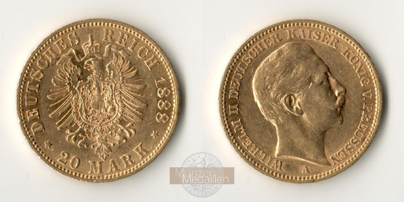 Deutsches Kaiserreich. Preussen, MM-Frankfurt Feingold: 7,17g Wilhelm II. 1888-1918. 20 Mark 1888 A 