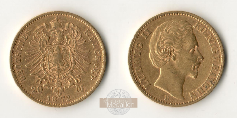 Deutsches Kaiserreich. Bayern, MM-Frankfurt Feingold: 7,17g Ludwig II. 1864-1886. 20 Mark 1872 D 