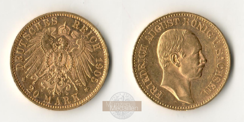 Deutsches Kaiserreich. Sachsen, MM-Frankfurt Feingold: 7,17g Friedrich August III. 20 Mark 1905 E 