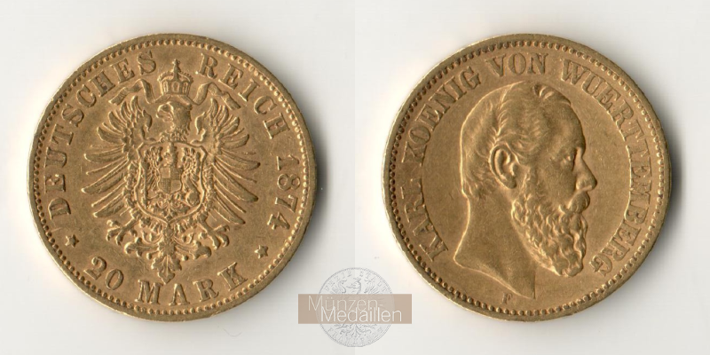 Deutsches Kaiserreich, Württemberg MM-Frankfurt Feingold: 7,17g Karl. 20 Mark 1874 F 