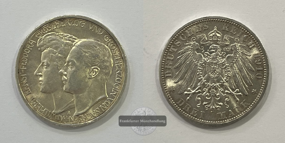  Dt. Kaiserreich Wilhelm Ernst und Feodora von Sachsen 3 Mark 1911 A FM-Frankfurt Feinsilber: 15g   