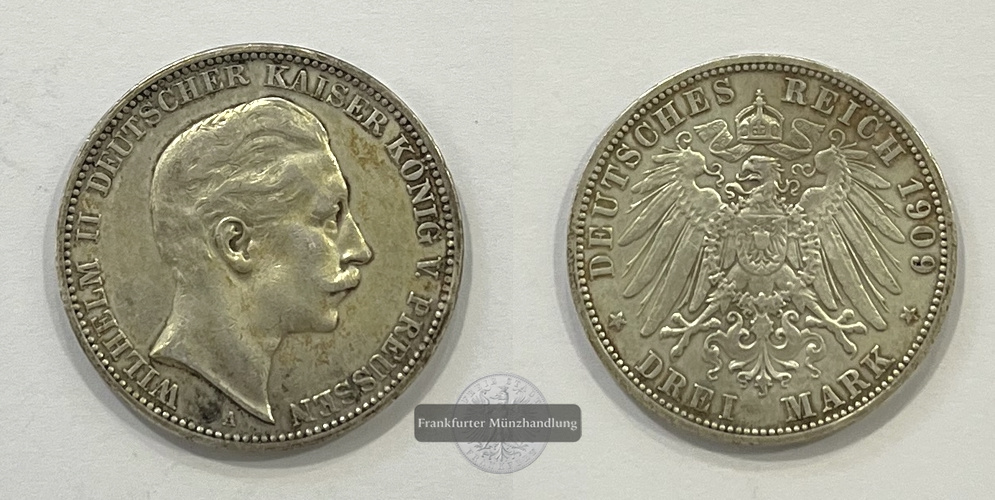  Dt. Kaiserreich Preussen 3 Mark 1909 A Wilhelm II FM-Frankfurt KM#527 Feinsilber: 15g   