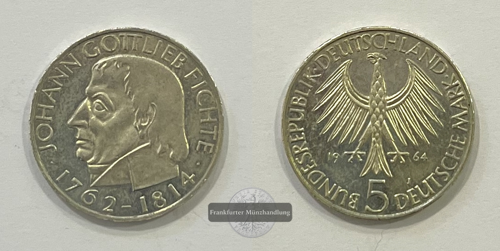  Deutschland 5 Mark 1964 J 150. Todestag v. Johann Gottlieb Fichte FM-Frankfurt KM#118 Feinsilber: 7g   