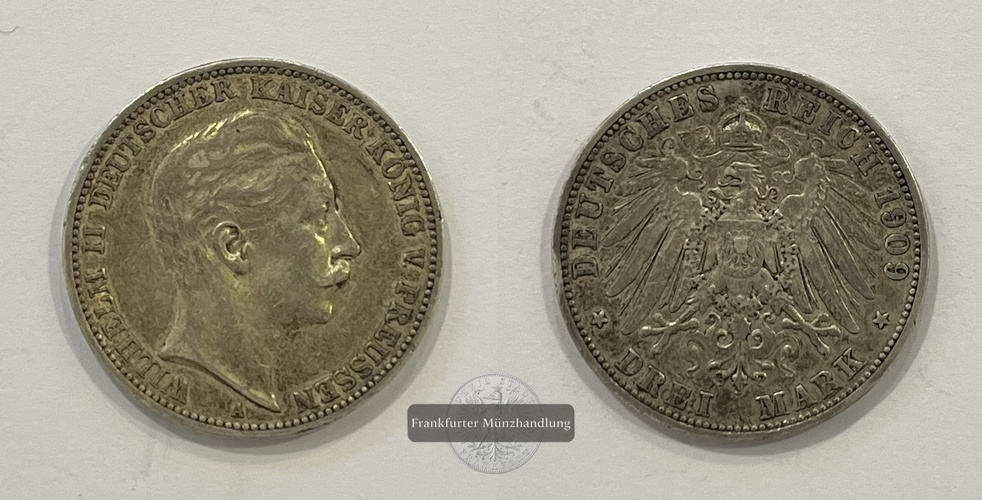  Dt. Kaiserreich, Preussen 3 Mark 1909 A Wilhelm II FM-Frankfurt KM#527 Feinsilber: 15g   
