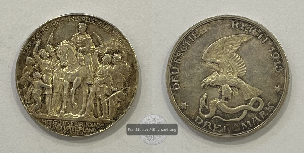 Dt. Kaiserreich Preussen, Wilhelm II. 3 Mark 1913  FM-Frankfurt KM#534 Feinsilber: 15g   