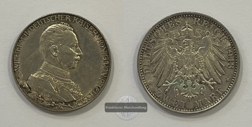  Kaiserreich, Preussen  2 Mark  1913 A  Wilhelm II. in Uniform FM-Frankfurt Feinsilber: 10g   