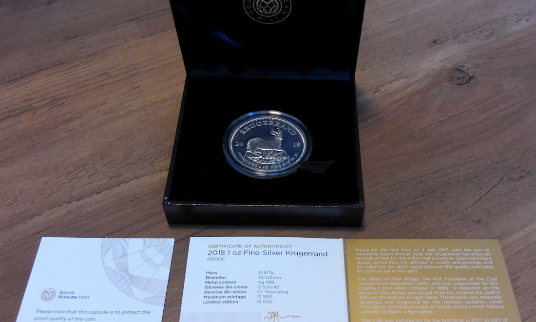  Krügerrand - Südafrika 2018 - 1 Oz Silber - PROOF* /PP im Etui + Zertifikat Nr.6996   
