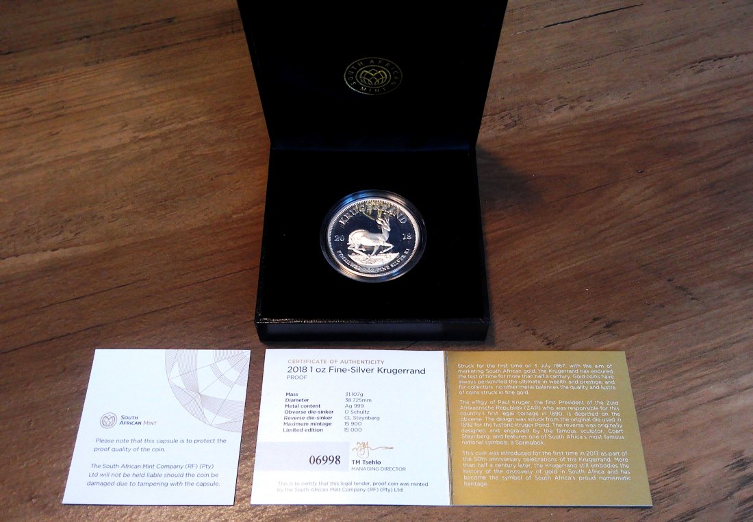  Krügerrand - Südafrika 2018 - 1 Oz Silber - PROOF* /PP im Etui + Zertifikat Nr. 6998!!   