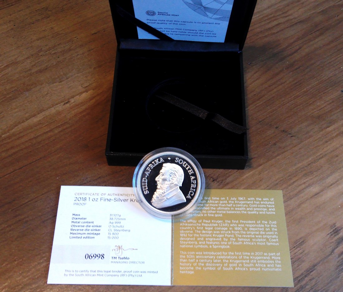  Krügerrand - Südafrika 2018 - 1 Oz Silber - PROOF* /PP im Etui + Zertifikat Nr. 6998!!   
