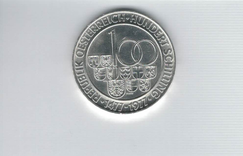  100 Schilling 1977 500 Jahre Münzstätte Hall/Tirol 15,36g fei Ag Österreich Spittalgold9800 01914/16   