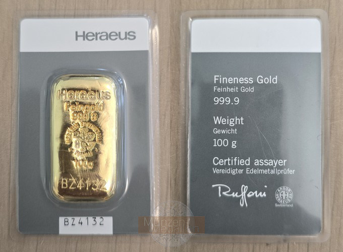 DEUTSCHLAND Goldbarren HERAEUS 100g MM-Frankfurt Feingold: 100g   