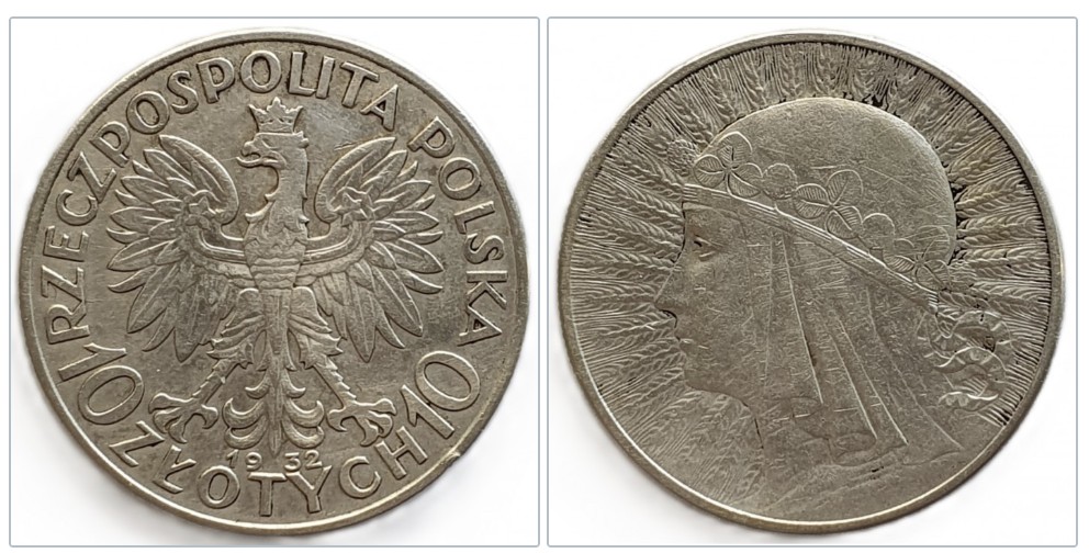  Polen 10 Zloty Złotych, 1932 Silber Münze 16,5 g fein ERHALTUNG   