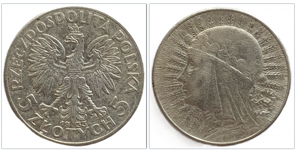  Polen 5 Zloty Złotych, 1933 Kopf von Polonia Silber Münze 8,25 g fein ERHALTUNG   