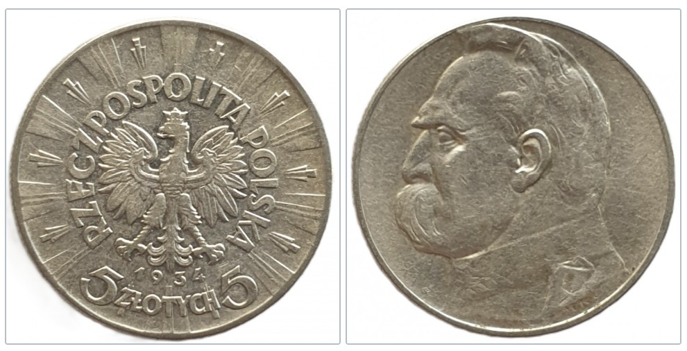  Polen 5 Zloty Złotych, 1934 Jozef Pilsudzki; gekrönter Adler Silber Münze 8,25 g fein ERHALTUNG   