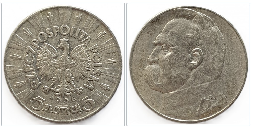  Polen 5 Zloty Złotych, 1936 Jozef Pilsudzki; gekrönter Adler Silber Münze 8,25 g fein ERHALTUNG   