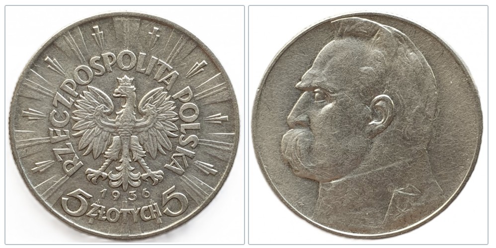  Polen 5 Zloty Złotych, 1936 Jozef Pilsudzki; gekrönter Adler Silber Münze 8,25 g fein ERHALTUNG   