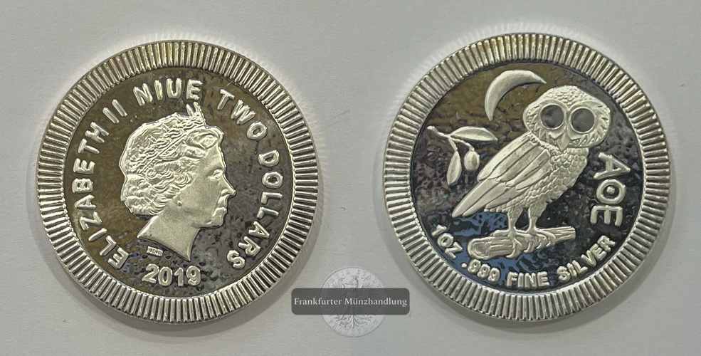  Niue 2 Dollar 2019 (2017-22) Athena Eule FM-Frankfurt KM#1429.1 Feinsilber: 31,1g   