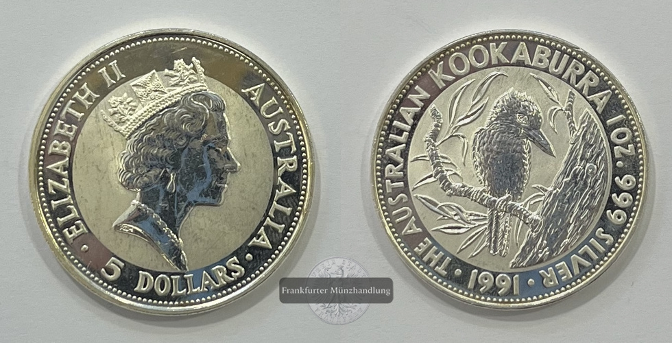  Australien  5 Dollar 1991  Kookaburra  FM-Frankfurt KM#138 Feinsilber: 31,1g   